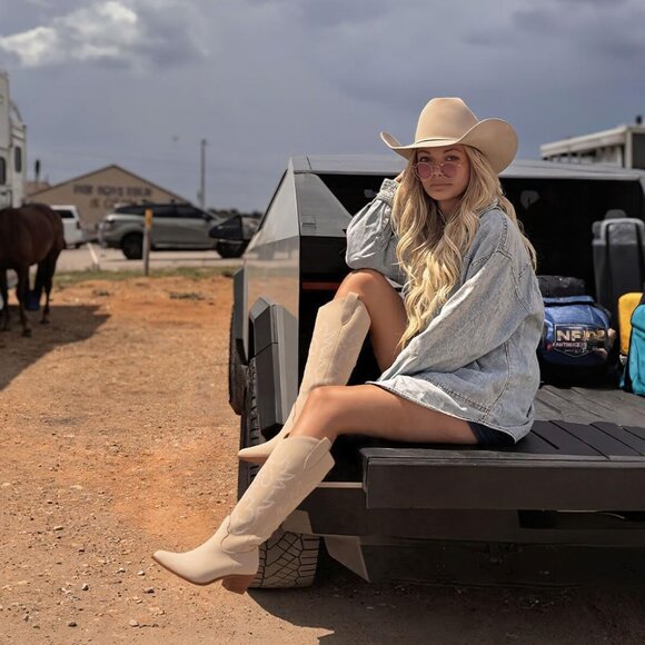 Women Beige Polyurethane Embroidered Chunky Stacked Heel Knee High Western Boots - Picture 2 of 5